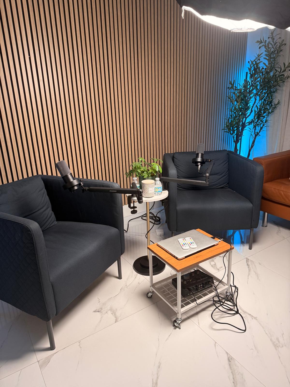 Two grey armchairs facing each other with podcast microphones on boom arms in front of a wood slat acoustic wall