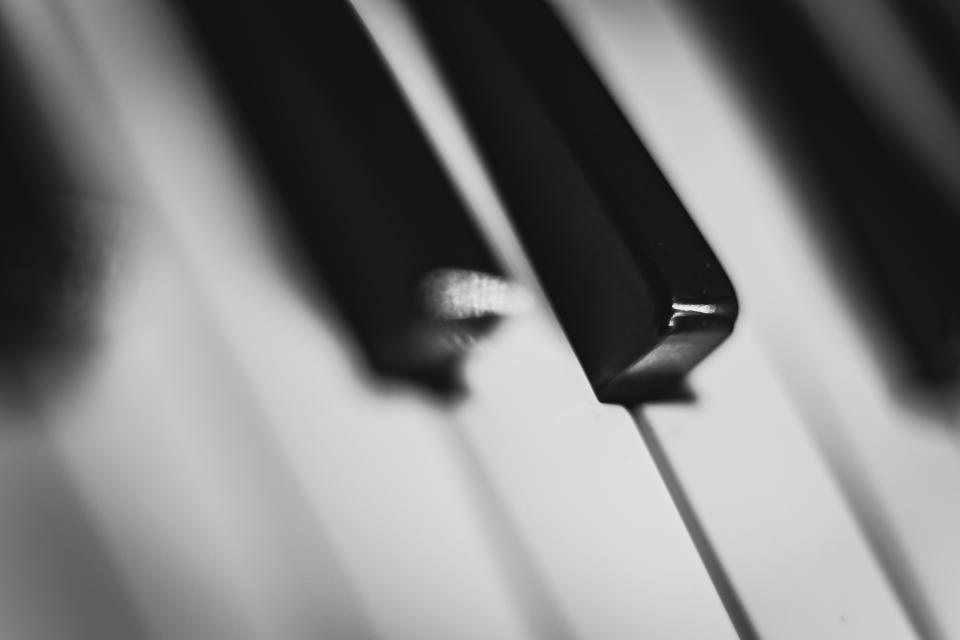 Detail of piano keys receding into shadow