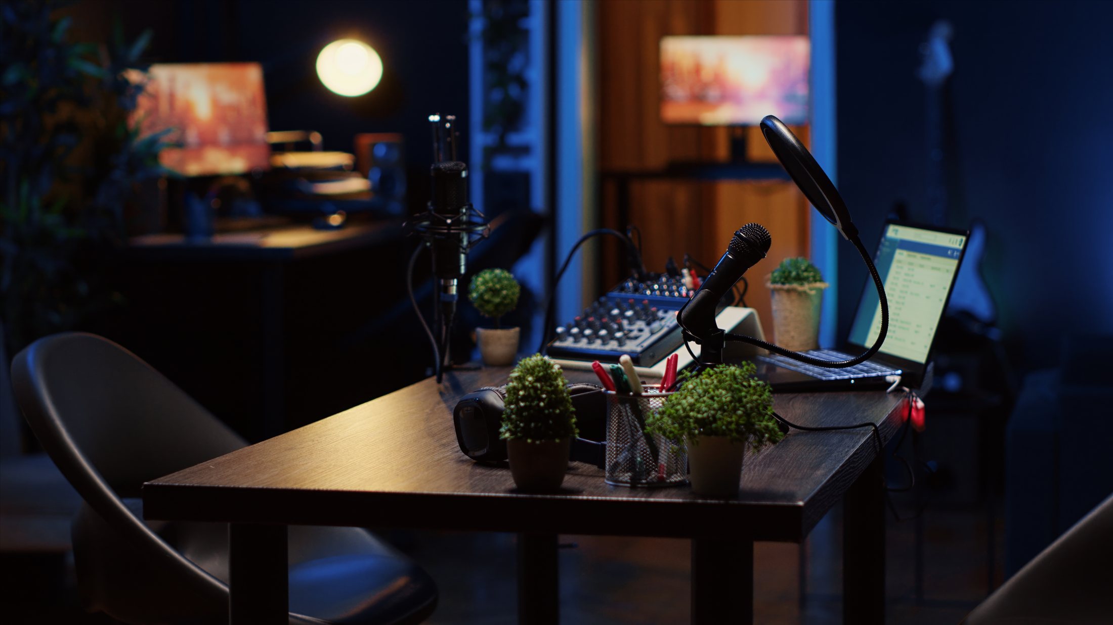Podcast desk with a microphone, sound mixer and warm lamp lighting in a dark studio